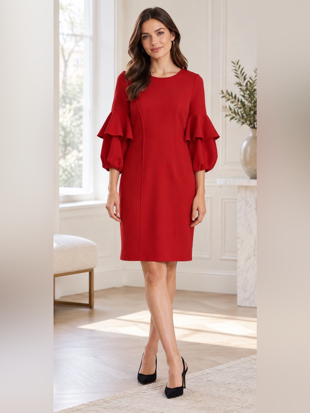 IC COLLECTION Red Scuba Knit Ruffled Balloon Sleeve Red Sheath Dress Size XS NEW